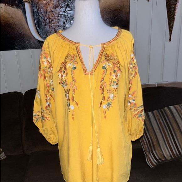 Solitare • Small • Boho • Yellow/Brown • Floral • Bird • Embroidery • Blouse - Picture 3 of 10